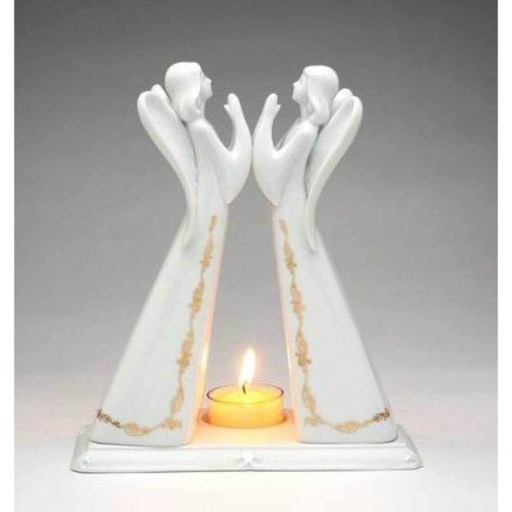 Appletree Design Double Angel Porcelain Tea Light Candle Holder, 8" - Picture 2 of 6